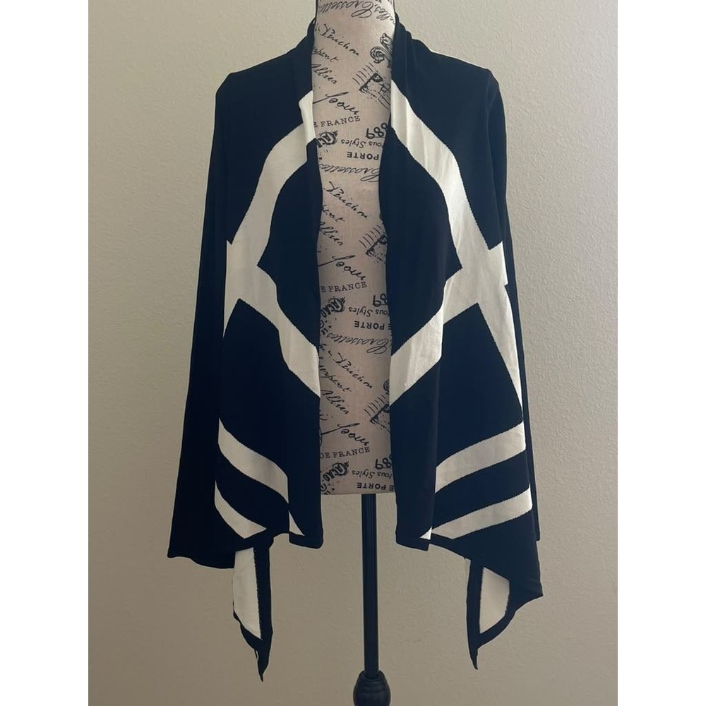 Jones New York Signature XL Cardigan Black White Geometric Open Front Sharkbite